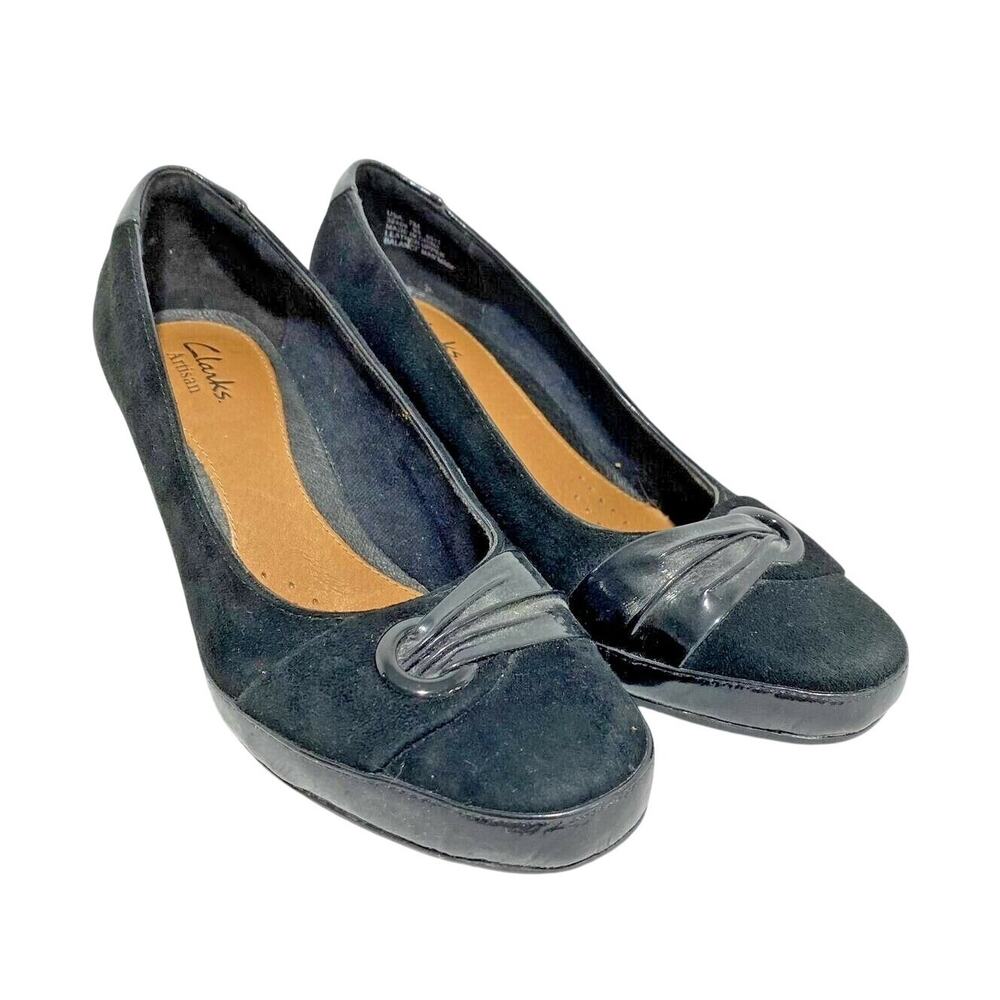 Clarks Artisan Ladies 7M Shoes Black Suede High Heel Pumps Patent Trim Classics